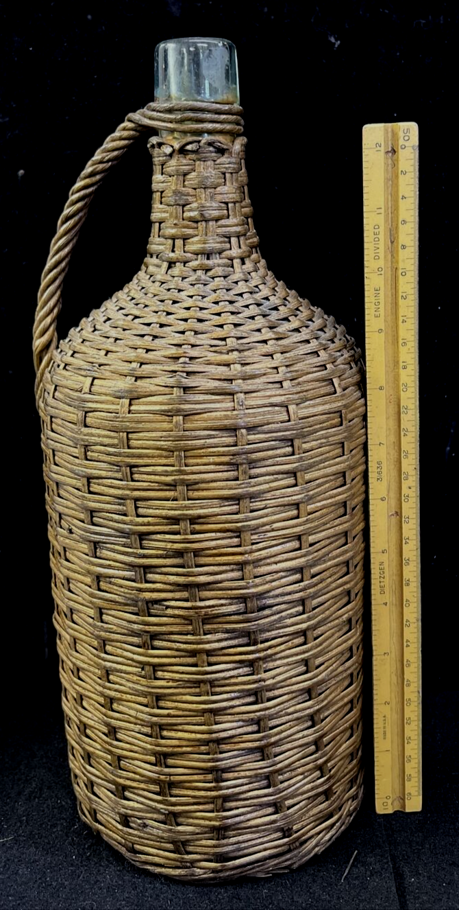 French Glass Woven Wicker Demijohn Bottle Rustic Farmhouse  Wickerware Antique