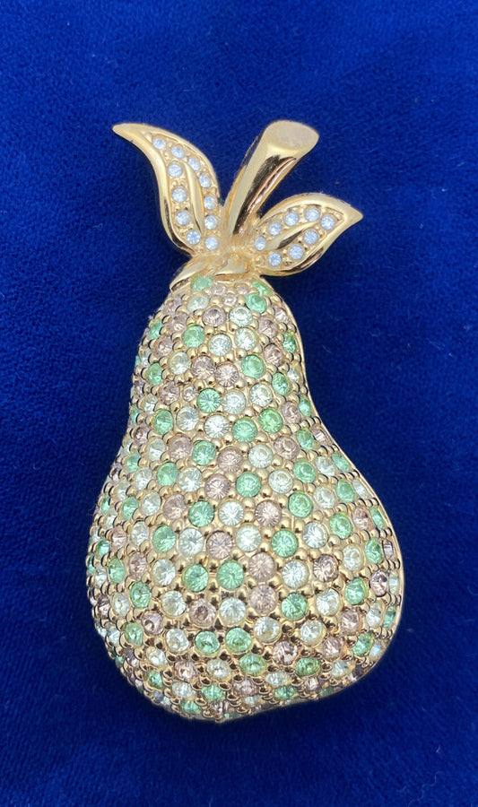 RETIRED GORGEOUS SWAROVSKI AMBER & LIME GREEN PAVE' CRYSTALS PEAR BROOCH