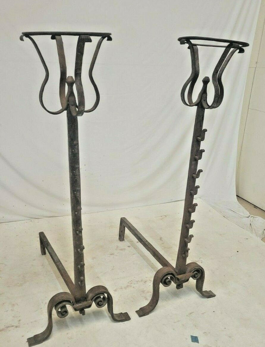 Pair Antique French Forged Iron Basket Top Cressset Andirons Fireplace Spit Dog