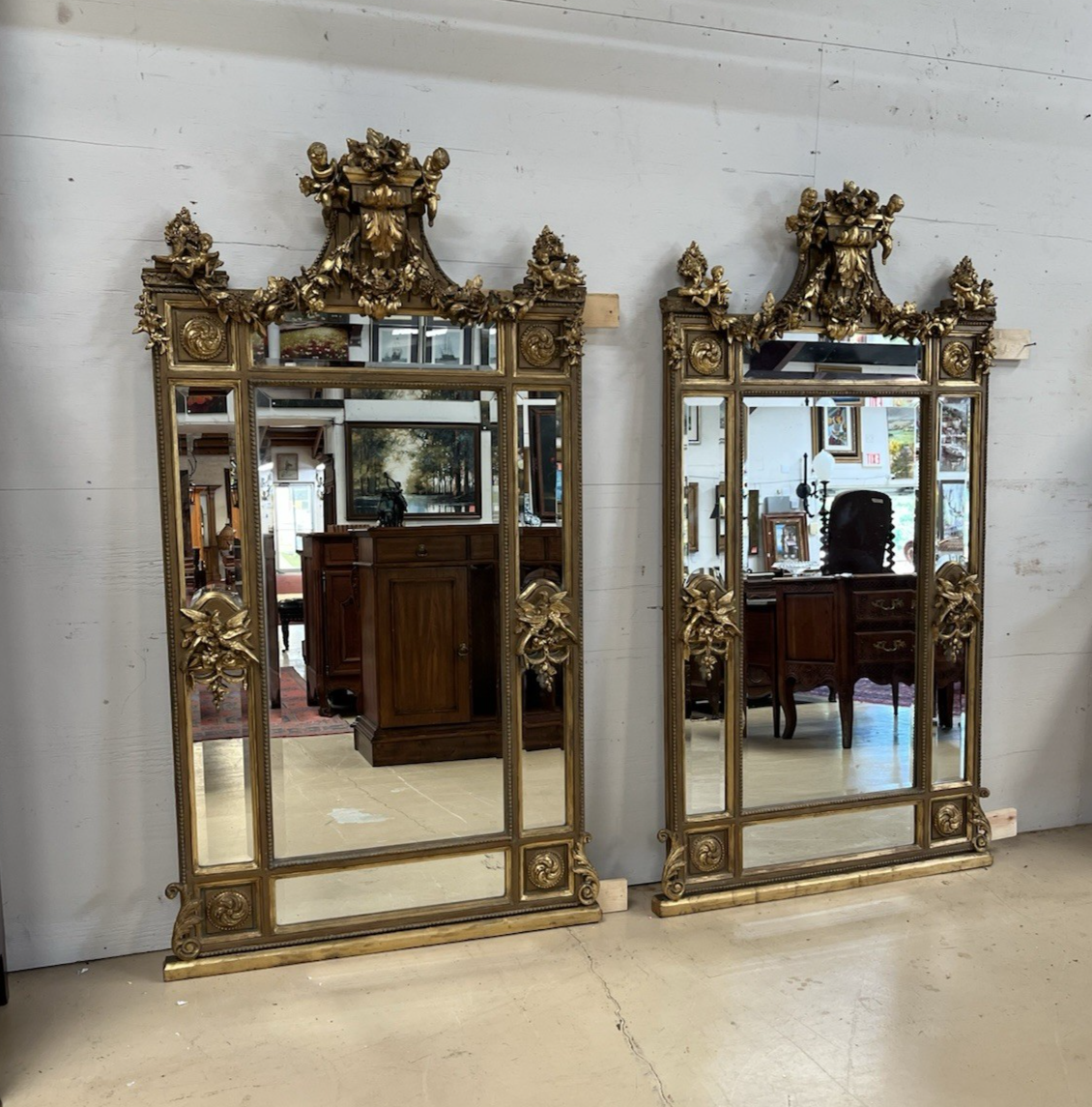 81" X 46" PAIR OF PALATIAL LOUIS XVI STYLE GILT GOLD PARCLOSE PIER WALL MIRRORS
