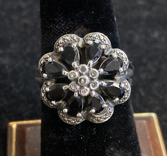 Sterling Silver 925 Onyx & CZ Stones Flower Shaped Ring SZ 7 7.2g