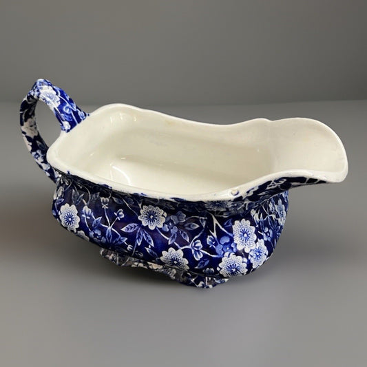 Blue Calico Crownford Staffordshire China Gravy Boat 7"