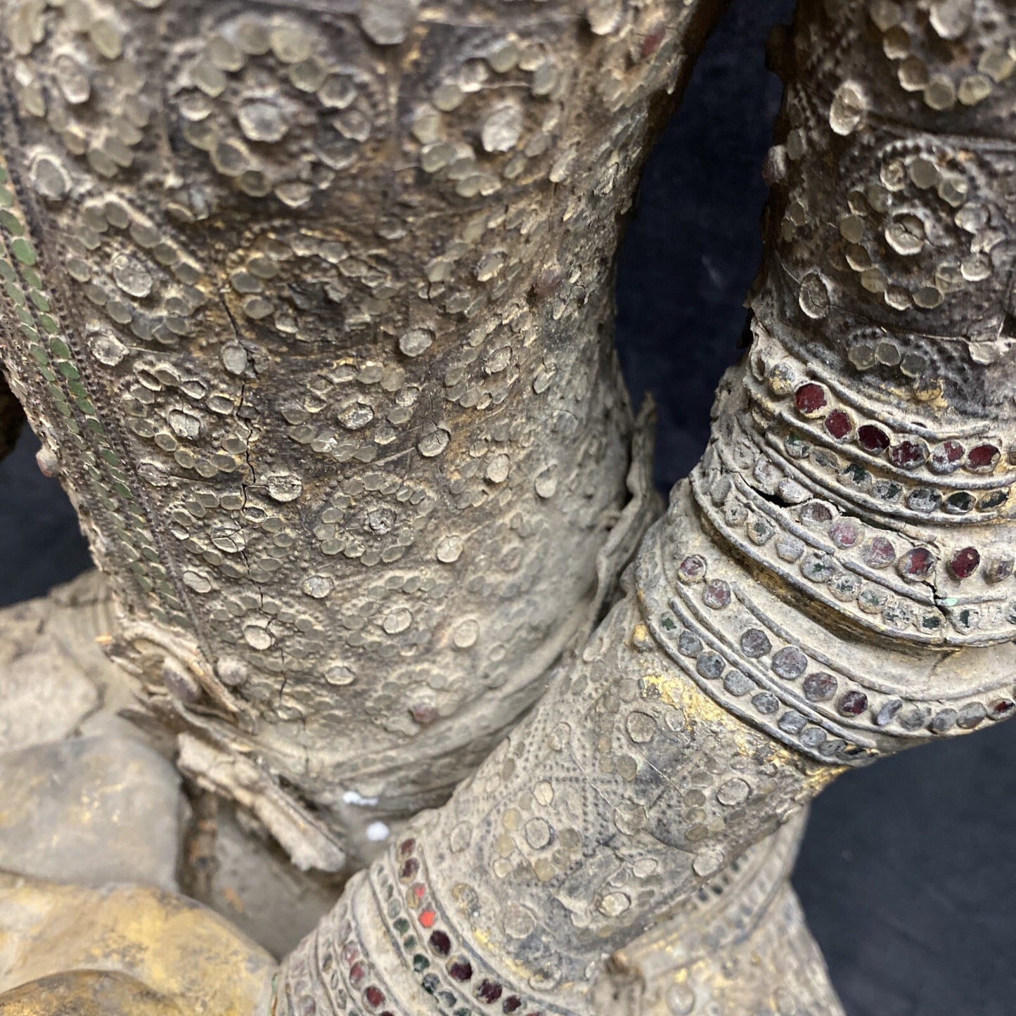 Thai Gilt Wood Seated Buddha Statue w/ Leather & Jewel Adornment
