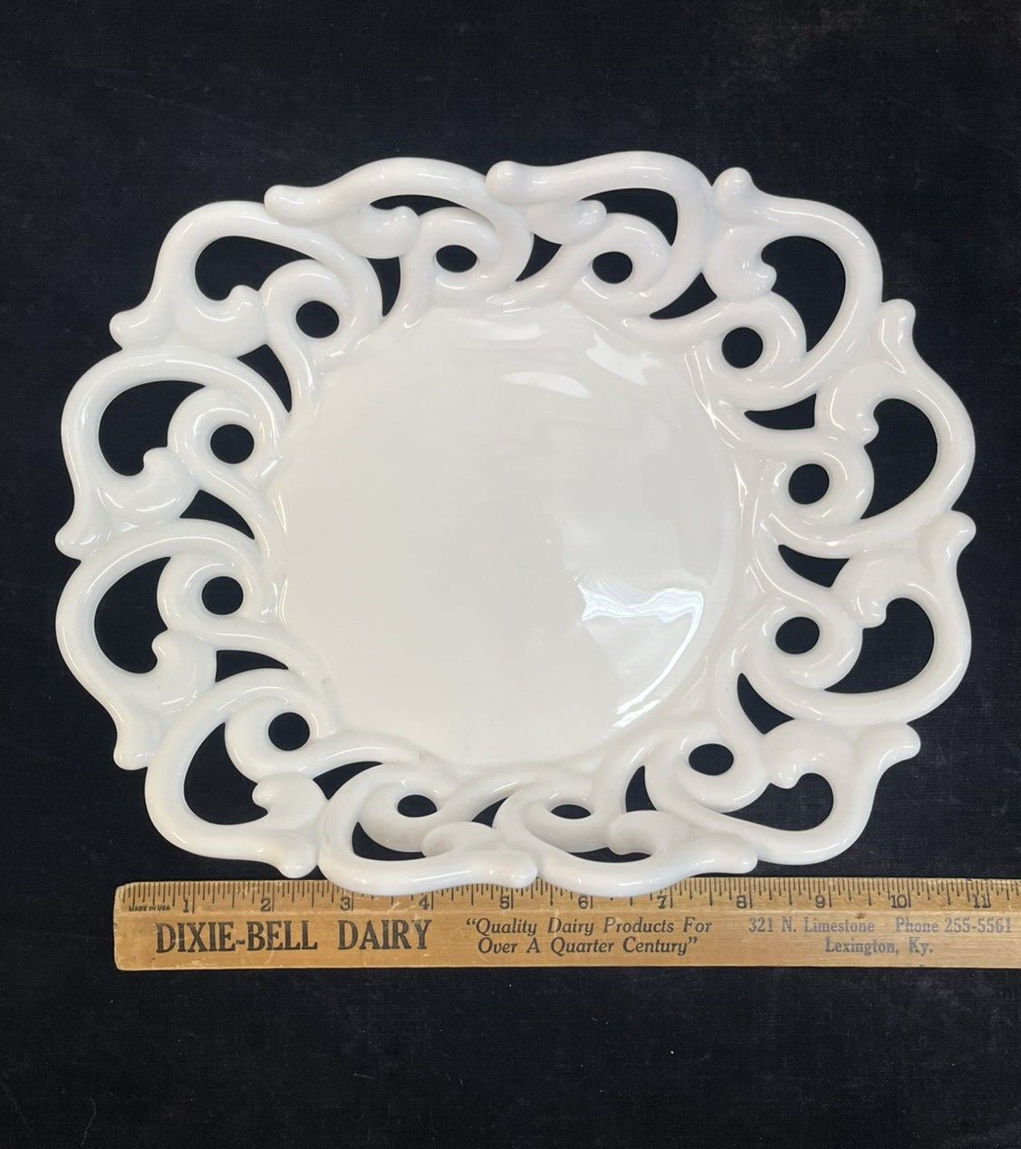 Vintage Fostoria  Monroe Milk Glass Fruit Bowl Open Lace Plate 10 3/4"