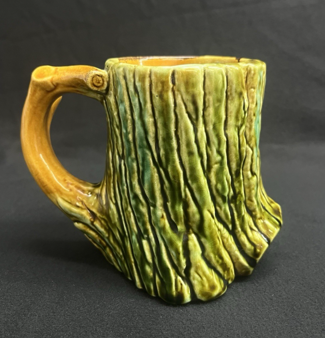 Antique Majolica Tree Trunk Textured Brown and Green Mug 4.5"