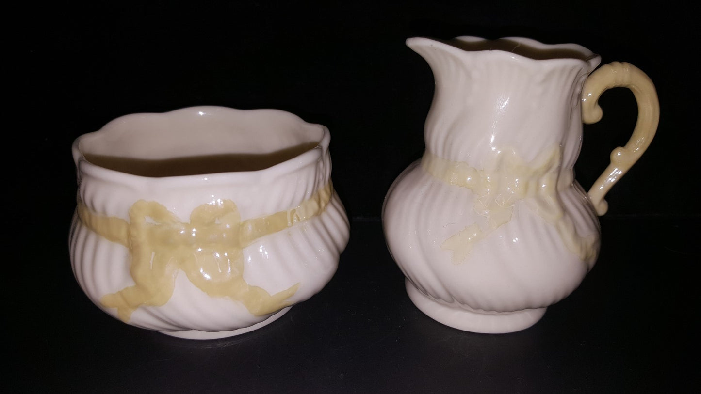 BELLEEK IRISH YELLOW RIBBON OPEN SUGAR BOWL & CREAMER 3rd GREEN  Mark1965-80