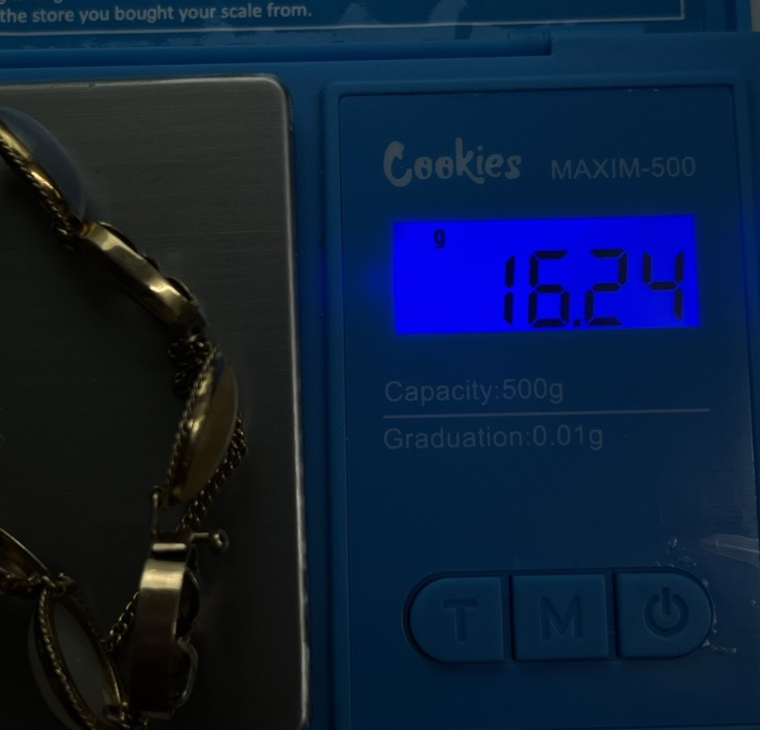 14K Yellow Gold Floral Six Multi Color Oval Cabochon Jade Bracelet 8 in