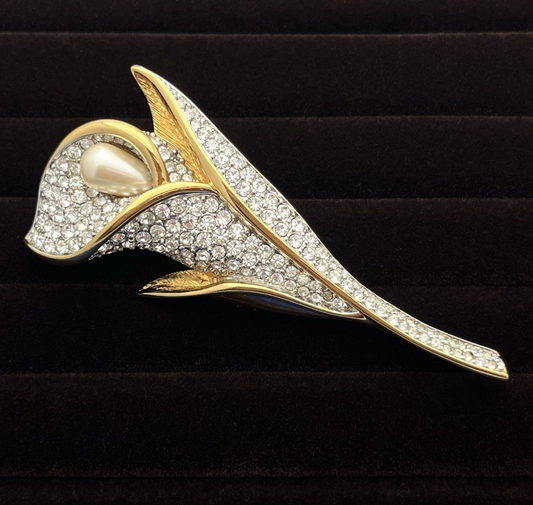 Signed SWAROVSKI Crystal Calla Lily Pin/Brooch 22kt Gold Plated Excellent Cond