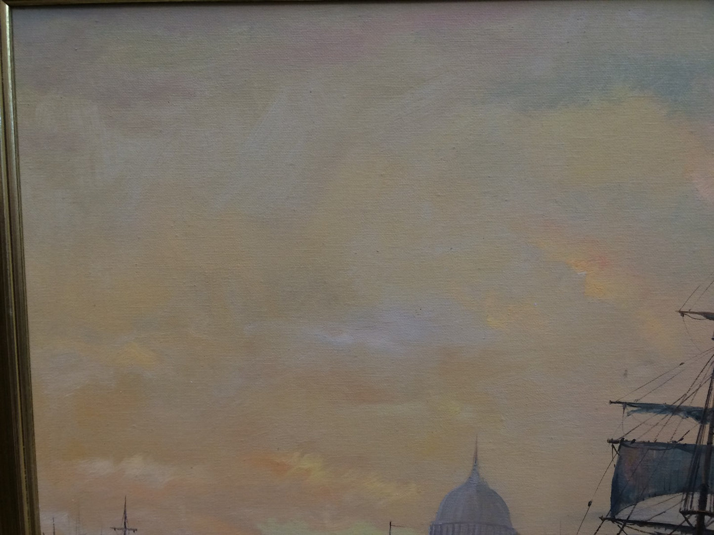 Vtg Oil Painting on Canvas Boats Ships in Harbor Signed Continental  W27" x  23"