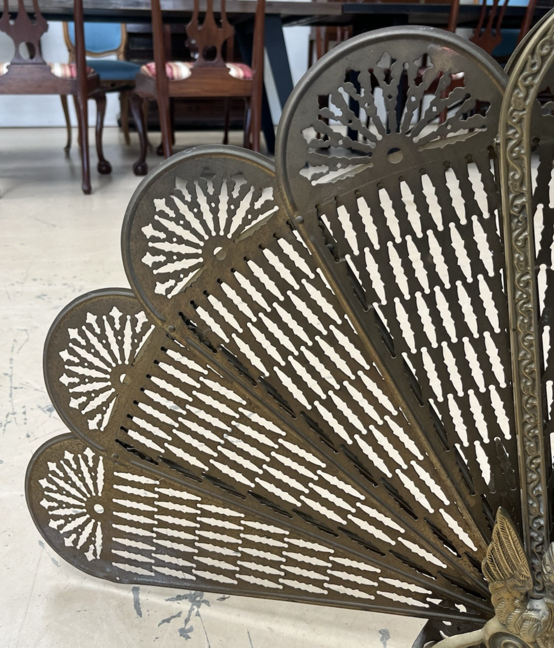 Gilt Brass Folding Peacock Firescreen Fire Screen w/ Bird Motif