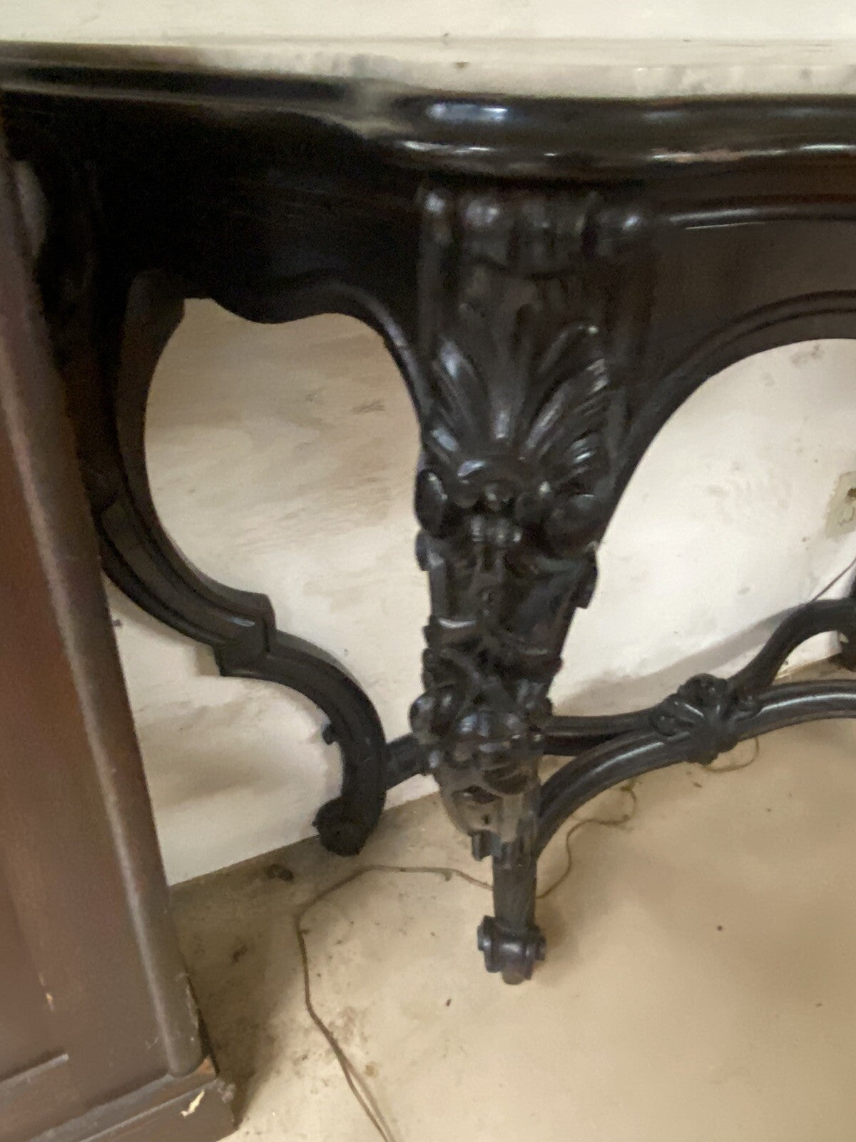 Antique French Louis XV Ebonized Bowfront Console Table w/ White Marble Top