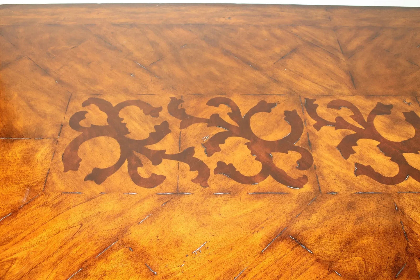 MAITLAND SMITH BAROQUE SPANISH STYLE DINING TABLE W/ INLAY & METAL STRETCHER 90”