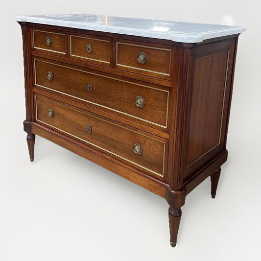 FRENCH LOUIS XVI WHITE MARBLE-TOP MAHOGANY 3-DRAWER COMMODE CHEST OF DRAWERS