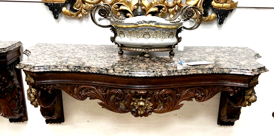 Pair French Rococo Carved Gilt Walnut Wall Mounted Consoles 47” Window Shelf