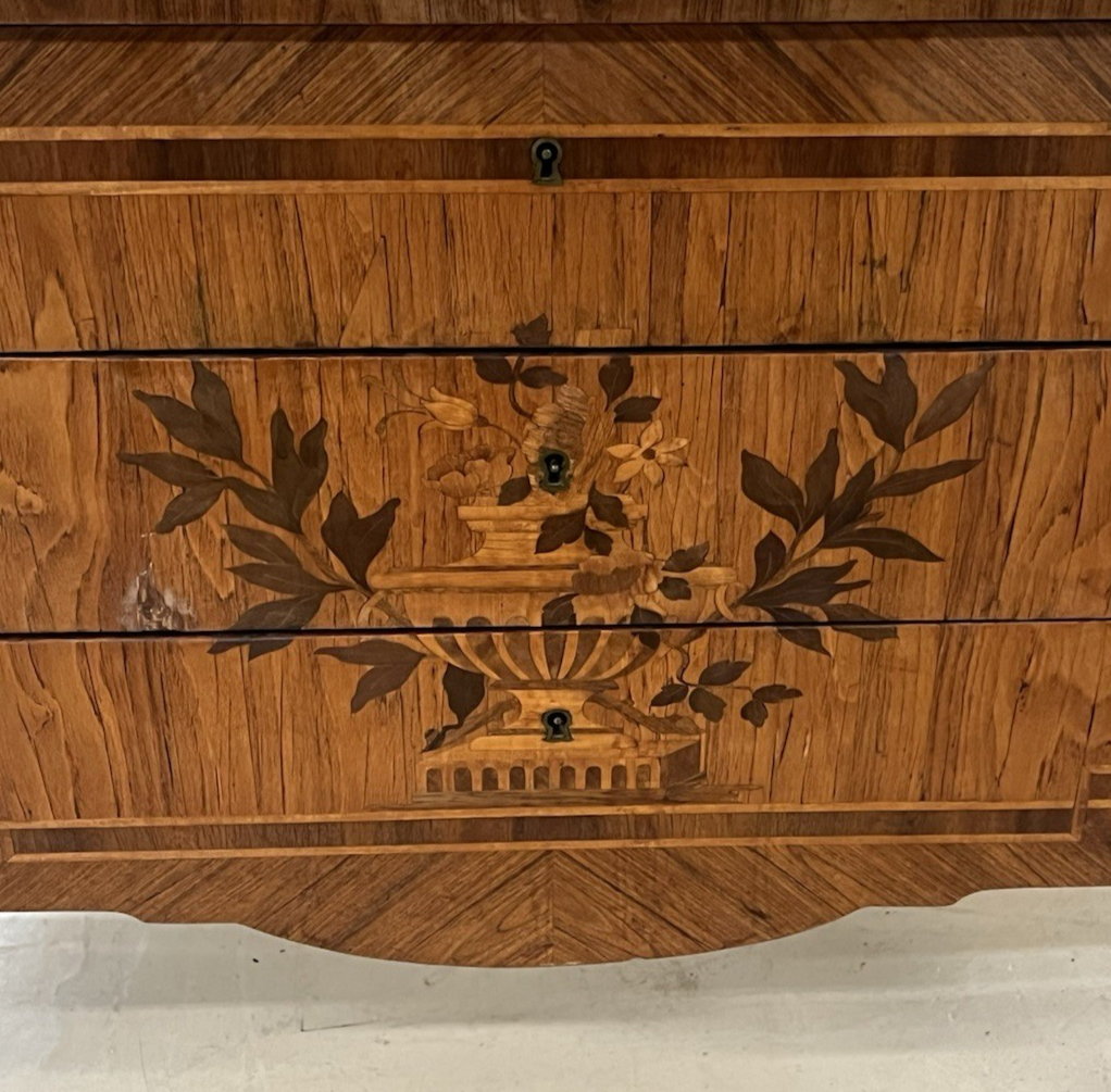 ANTIQUE FRENCH LOUIS XVI MARBLE-TOP INLAID MARQUETRY COMMODE CHEST OF DRAWERS