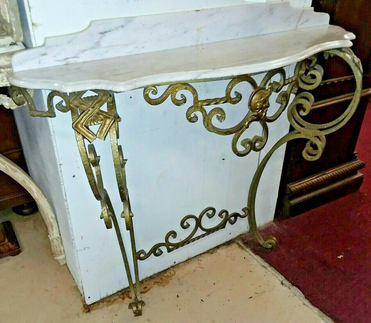 Antique Gilt Metal Console with Marble Top Entryway Italian
