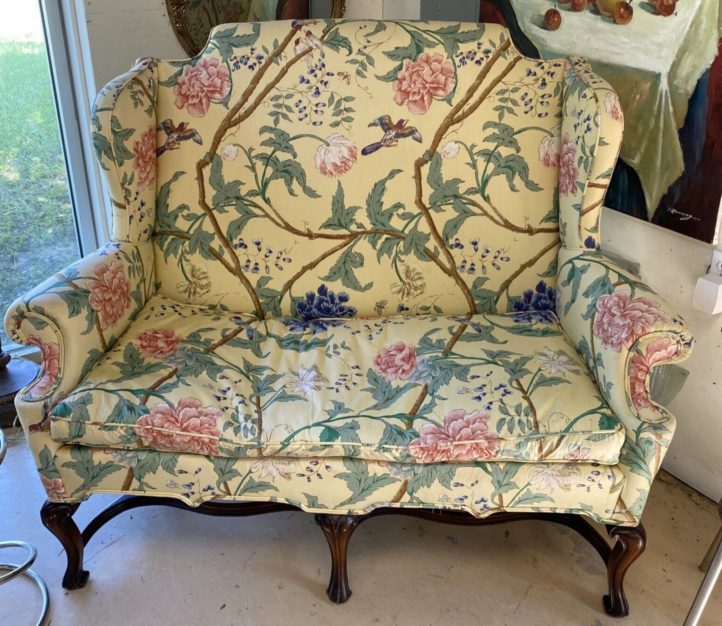 Antique Yellow Floral Queen Anne Mahogany Sofa Couch Settee Loveseat