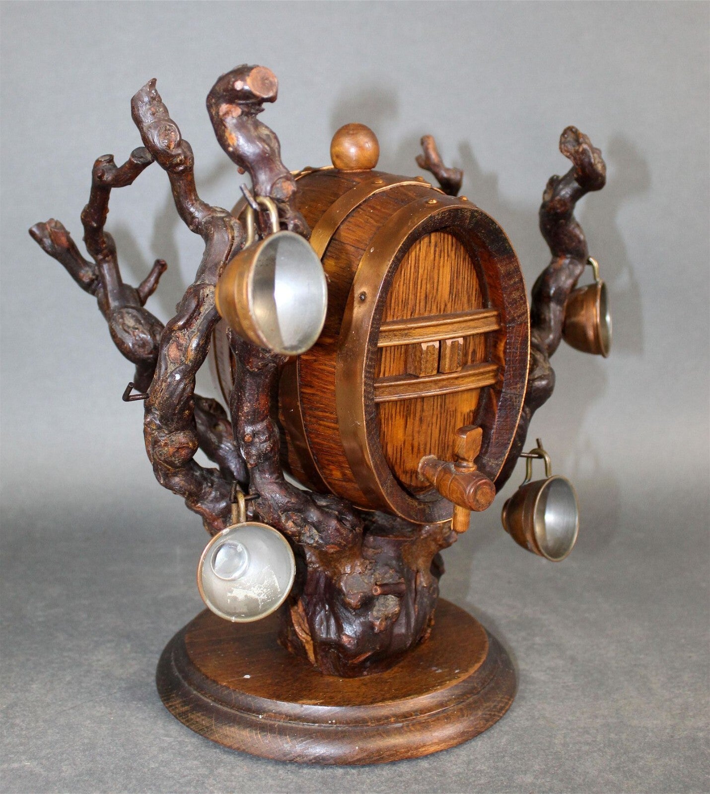 Antique Miniature Whiskey Barrel Live Root and Copper Cups Black Forrest