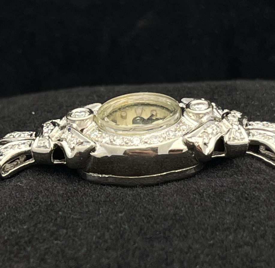 18g Vtg Hamilton Ladies 757 Diamond Watch 14K White Gold 22J Manual Wind Art Dec