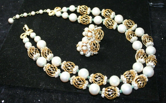 Vtg Signed Vendome Faux Pearls 2 Strand Necklace Gold Swirl Bead Rhinestone