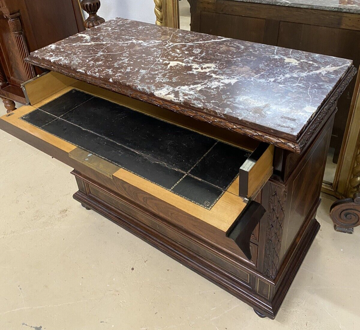 FRENCH MARBLE-TOP ROSEWOOD COMMODE SECRETAIRE CHEST OF DRAWERS