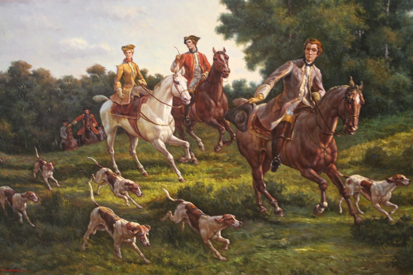 Oil Painting of Fox Hunt Scene Framed 5'x7' artist signed Wiliamson