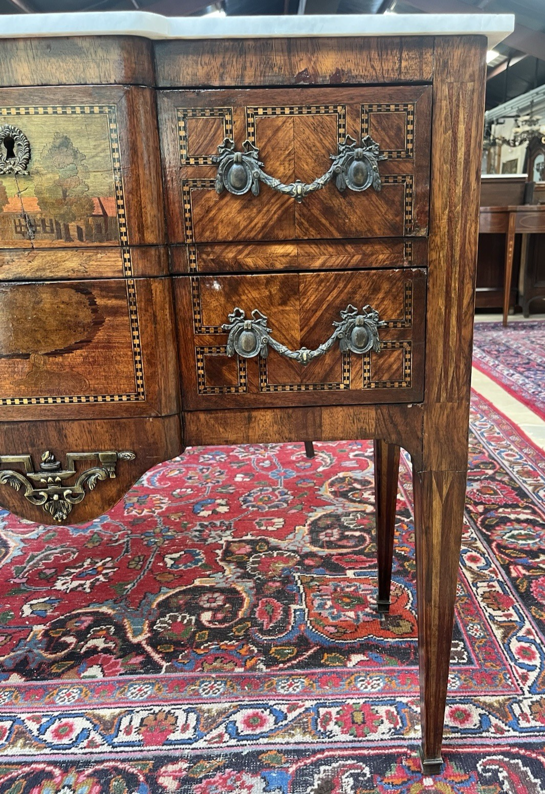ANTIQUE FRENCH LOUIS XVI MARBLE-TOP INLAID BREAKFRONT COMMODE CHEST