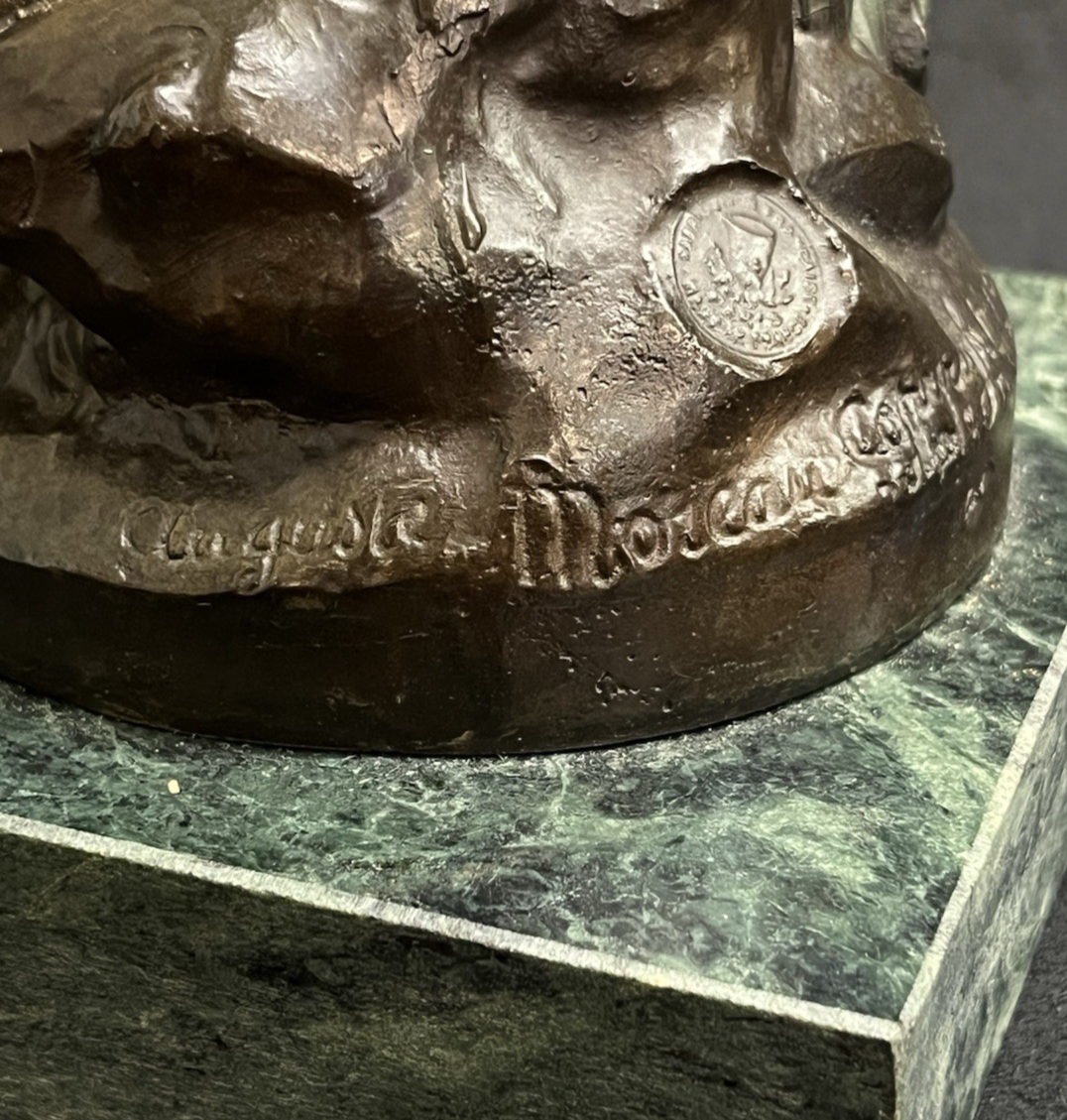 Vintage Auguste Moreau Bronze Sculpture on Marble Base Child w/ Goose Copr. 1906