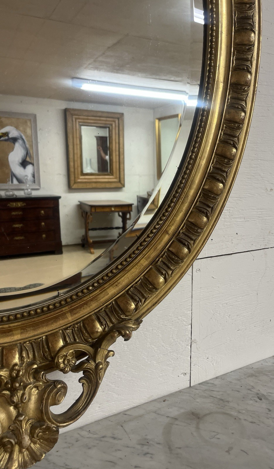 LARGE LOUIS XVI GOLD GILTWOOD OVAL WALL HANGING MIRROR, 55"H