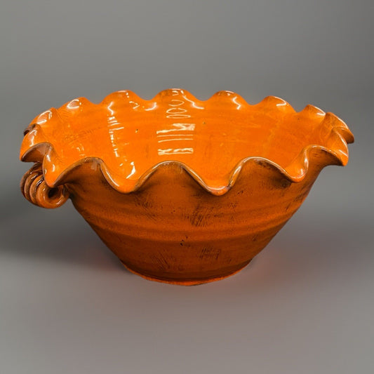 Large Stoneware Orange Glazed Ruffled Bowl w/ Handles 14.5"