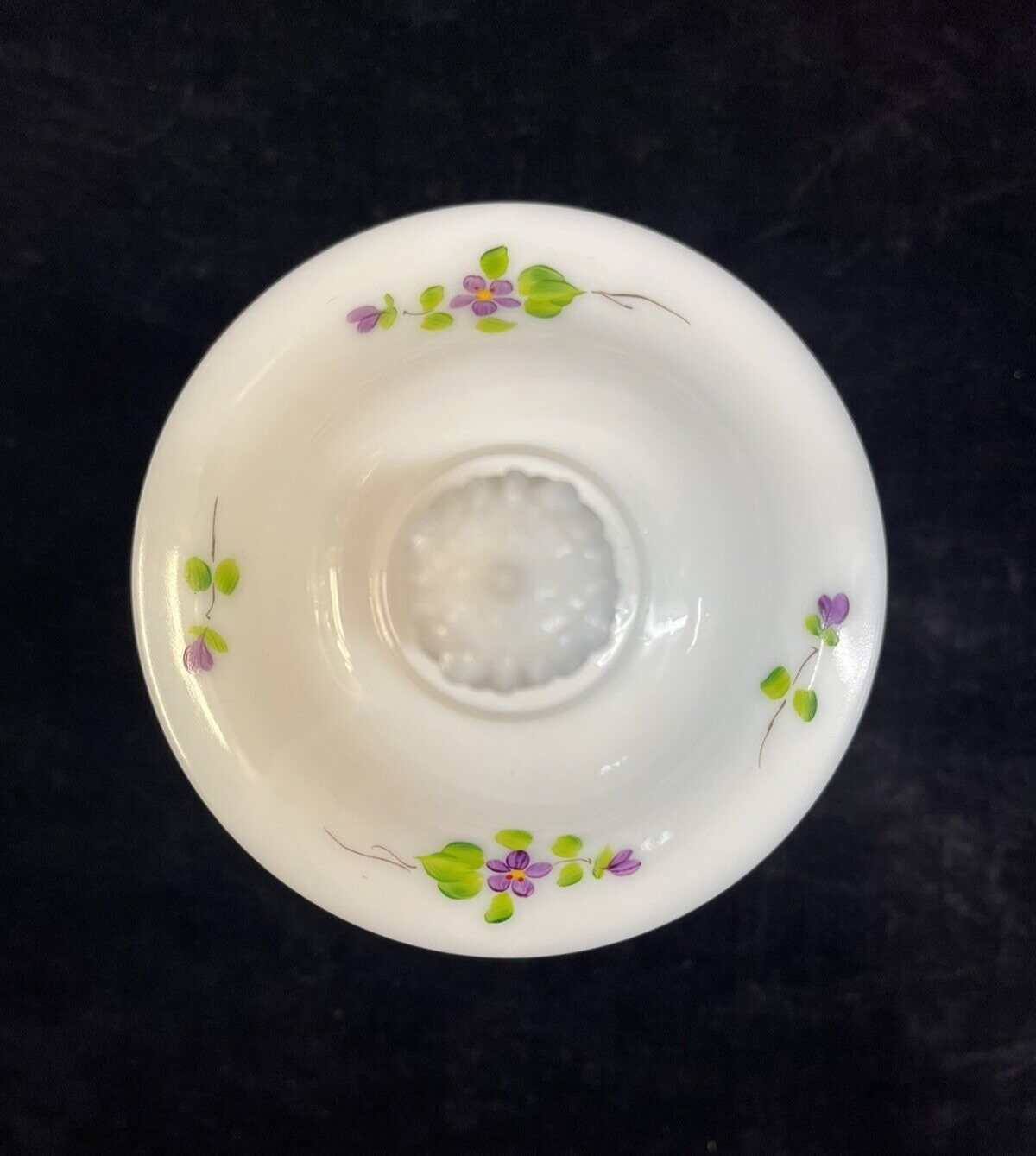 Fenton  Candy Dish "Violets in the Snow"  Milk Glass artist signed A Mullins