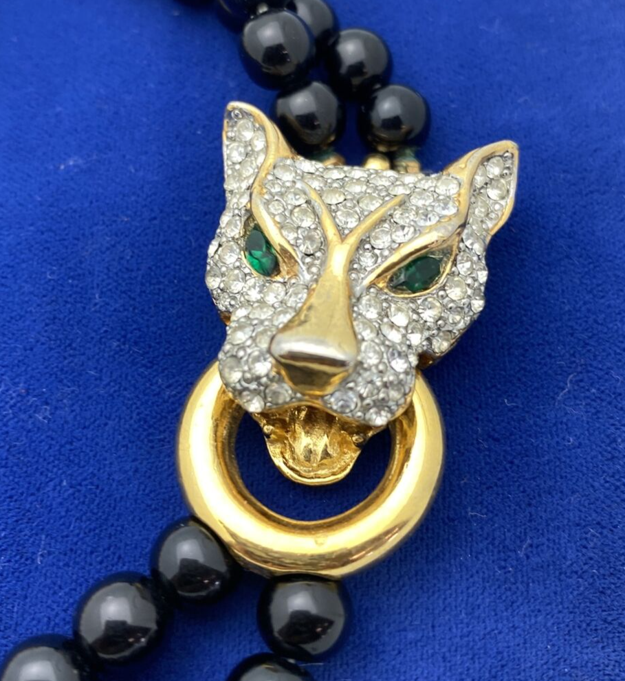 Vintage High End Black Panther Enamel Rhinestone Glass Faux Pearl Necklace