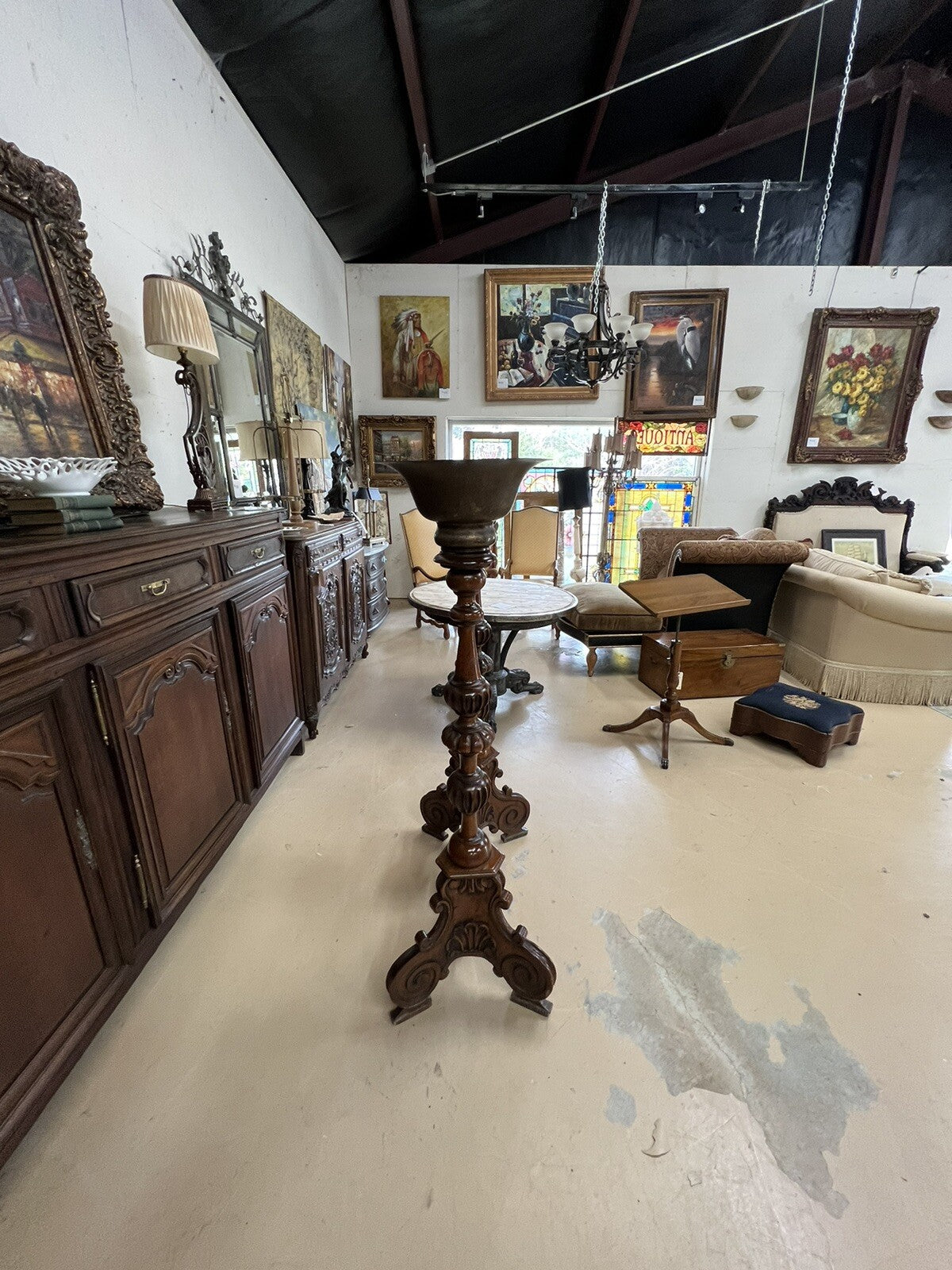 Pair of Antique French Oak Tall Pedestals brass planters jardinière entryway