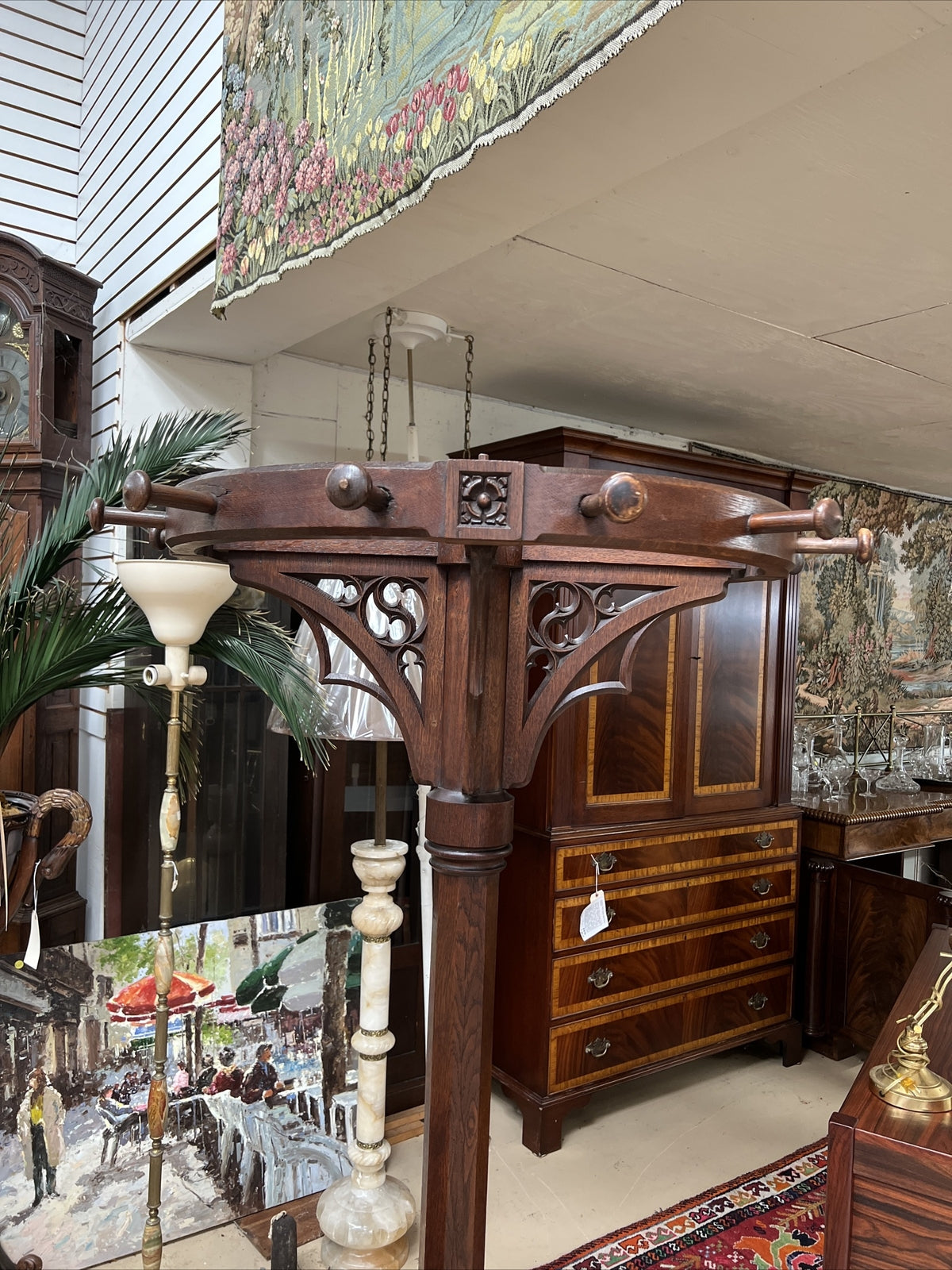 Antique French Gothic Revival Carved Oak Round Pedestal Rotating Coat Tree Rack