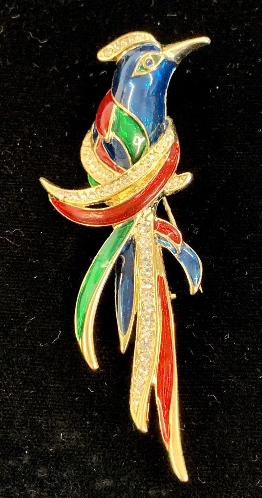 Lind  Signed 14KEP Exotic Bird Parrot Pin Brooch Multicolor Rhinestones 3 1/4" H