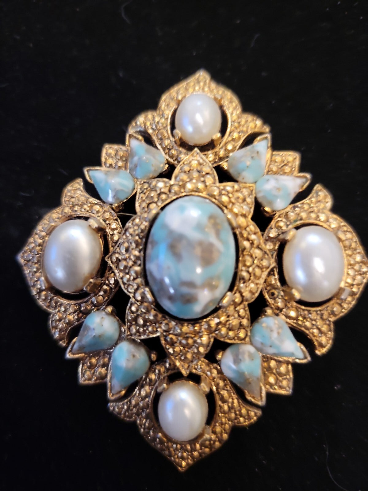 Vintage Sarah Coventry Faux Pearls & Turquoise Brooch Pin Pendant