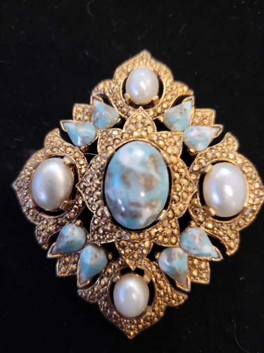 Vintage Sarah Coventry Faux Pearls & Turquoise Brooch Pin Pendant