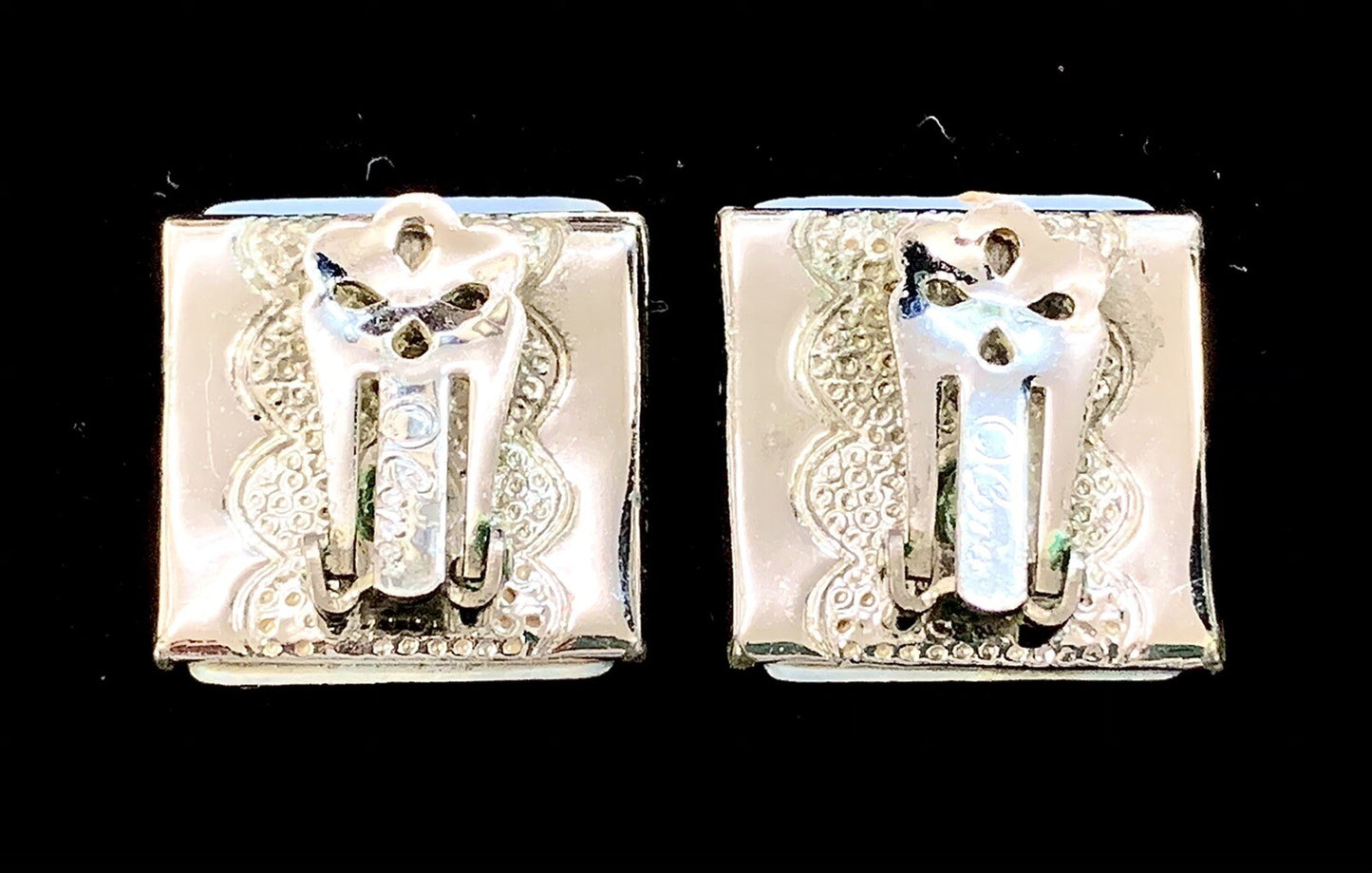 Rare Vtg Retro Signed Coro Blue Thermoset Silver Spikelet Clip Earrings MCM