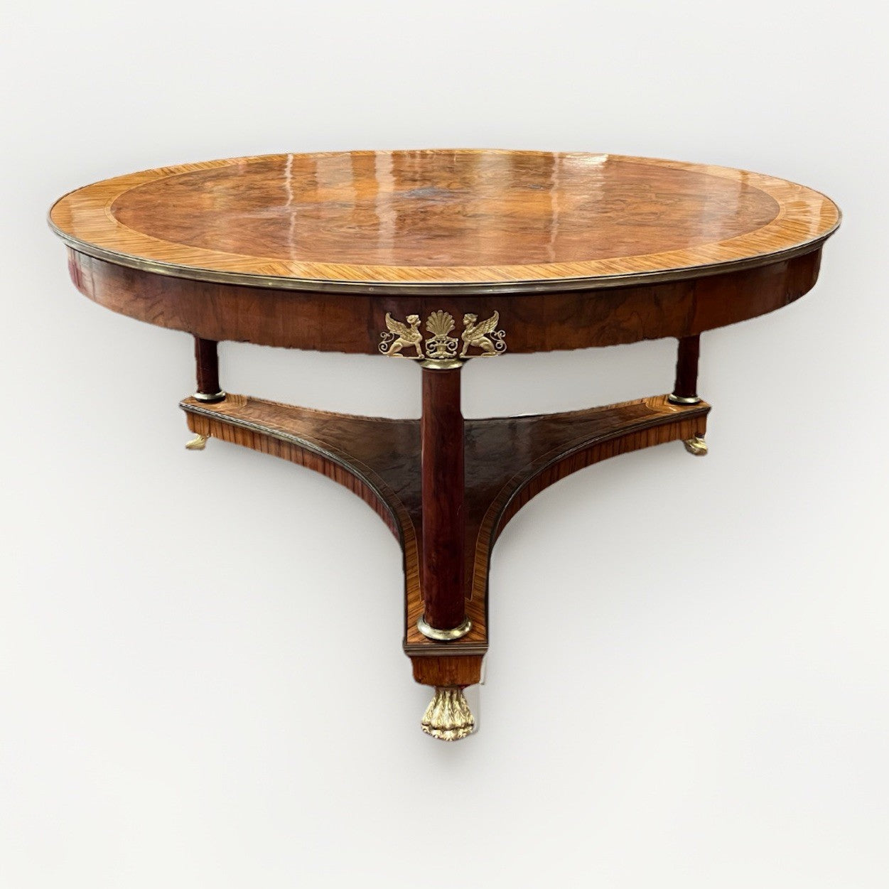 66" LARGE ROUND EMPIRE STYLE FIGURED BURL WALNUT CENTER ENTRYWAY TABLE