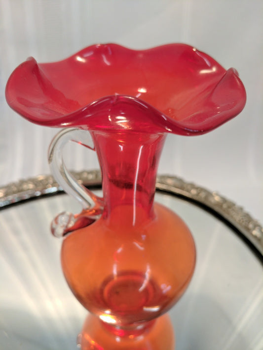 Vintage Hand Blown Art Glass Tangerine/ Amberina Pitcher w Handle Ruffled Top
