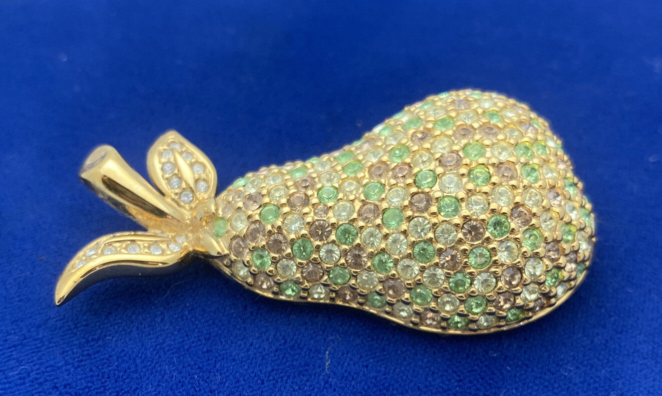 RETIRED GORGEOUS SWAROVSKI AMBER & LIME GREEN PAVE' CRYSTALS PEAR BROOCH