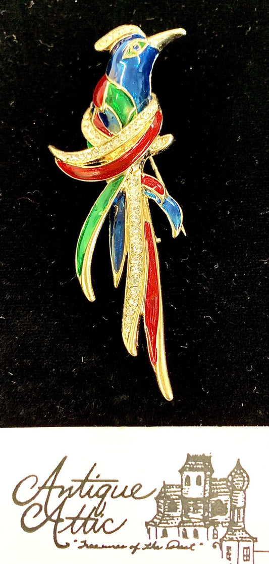 Lind  Signed 14KEP Exotic Bird Parrot Pin Brooch Multicolor Rhinestones 3 1/4" H