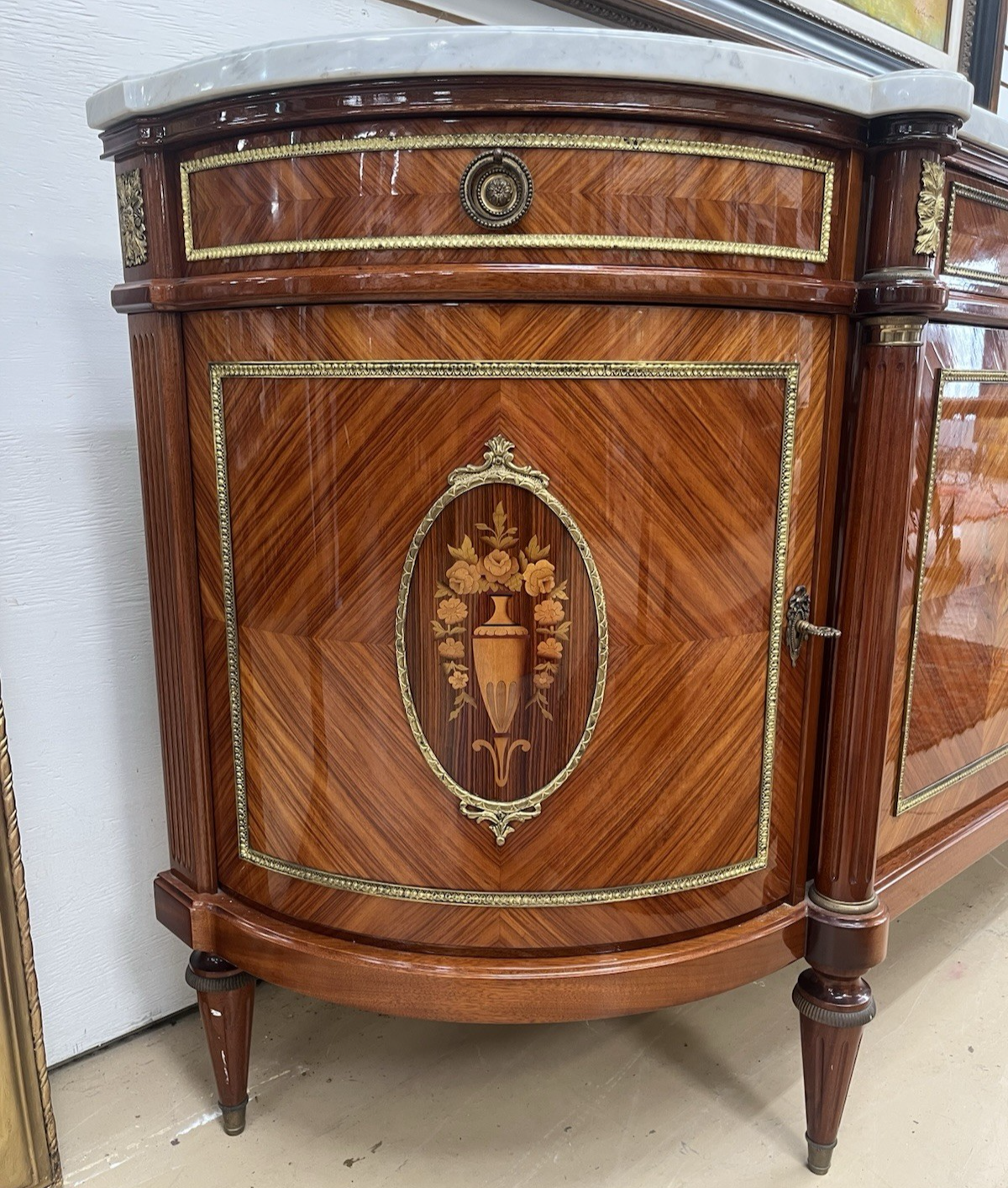 FRENCH LOUIS XVI MARBLE-TOP LACQUERED MARQUETRY DEMILUNE ENFILADE SIDEBOARD 105"