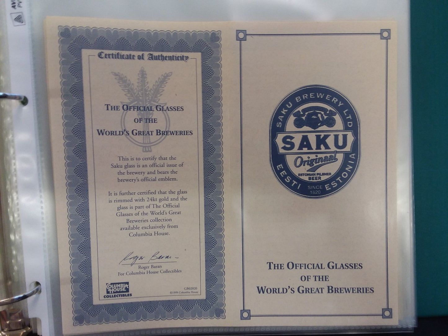 SAKU  Gold Rimmed Pilsner Beer Glass with certificate 7.25''