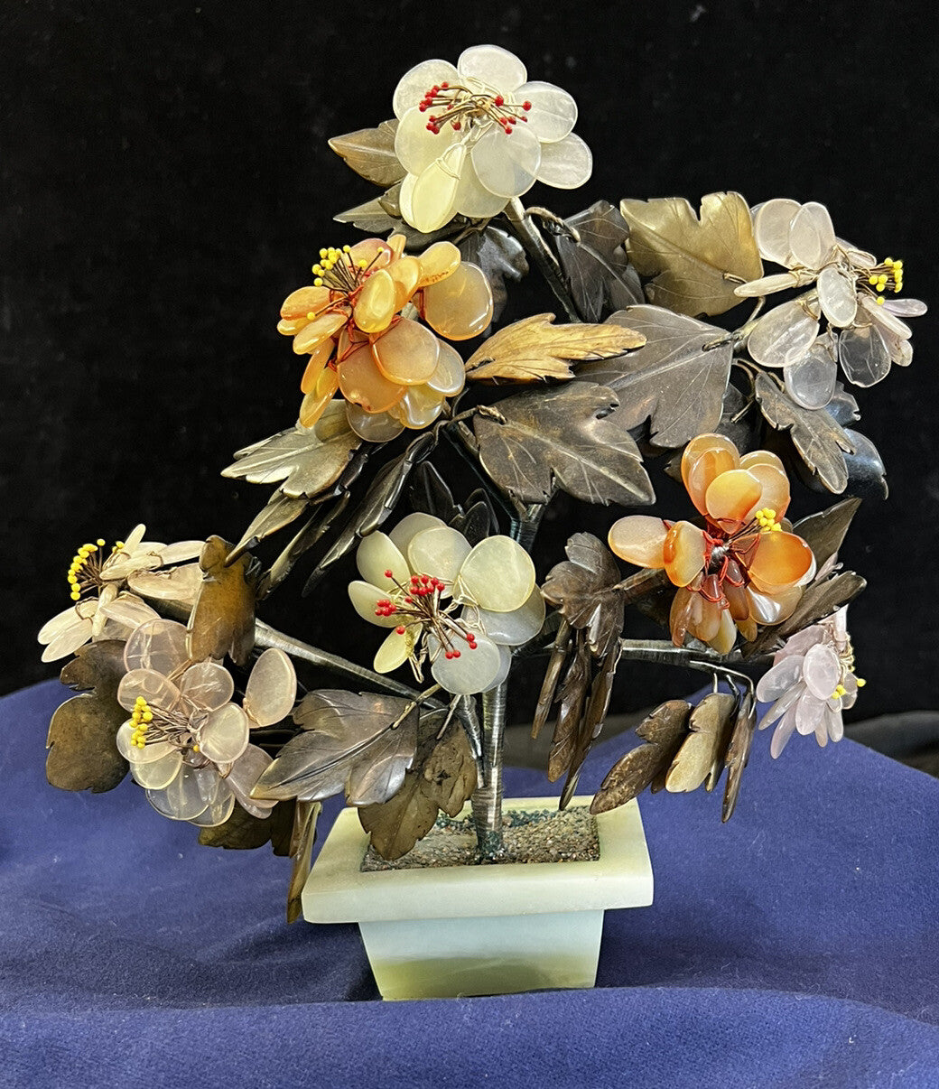 Chinese Tree of Life Bonsai Floral Mid Century Modern Jade Rose Quartz Agate 10"