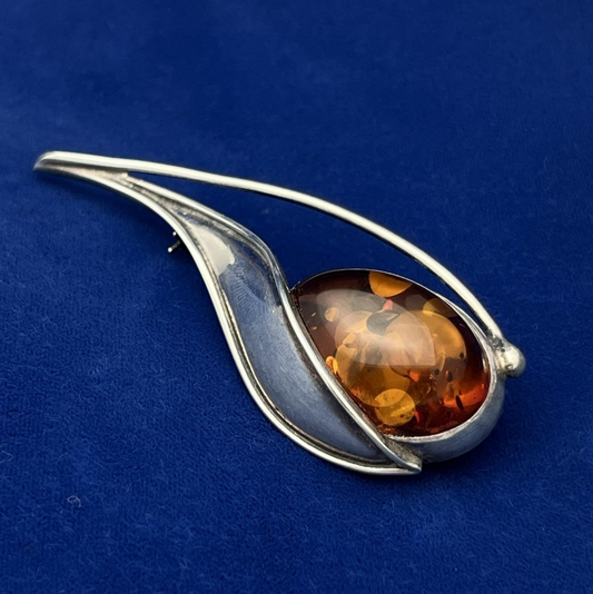 Vintage Polish Amber Sterling Silver (.925) Abstract Flower Brooch Pin 11.3g