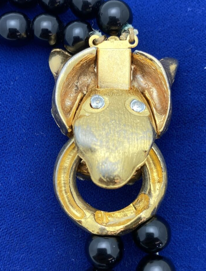 Vintage High End Black Panther Enamel Rhinestone Glass Faux Pearl Necklace