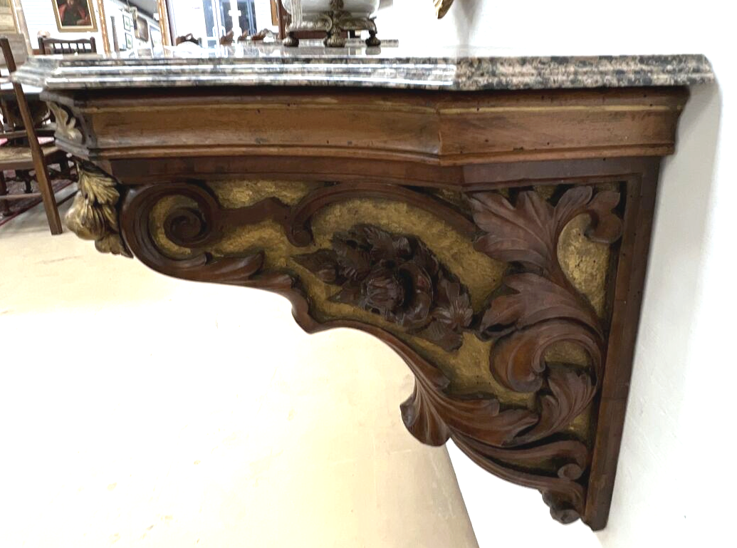 Pair French Rococo Carved Gilt Walnut Wall Mounted Consoles 47” Window Shelf