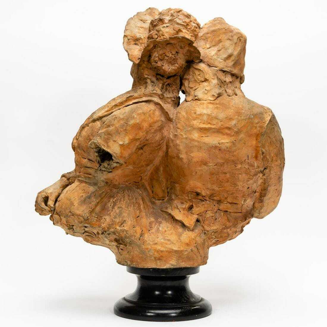 FRENCH TERRACOTTA SCULPTURE OLD HAPPY COUPLE W/ PIPE BUST FIGURES