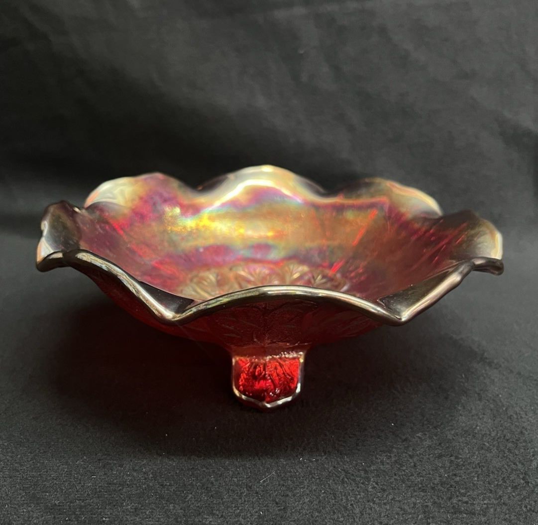 Vintage Imperial Glass OH Carnival Everglade Sunset Ruby 3-Toed Crimped Bowl 7"